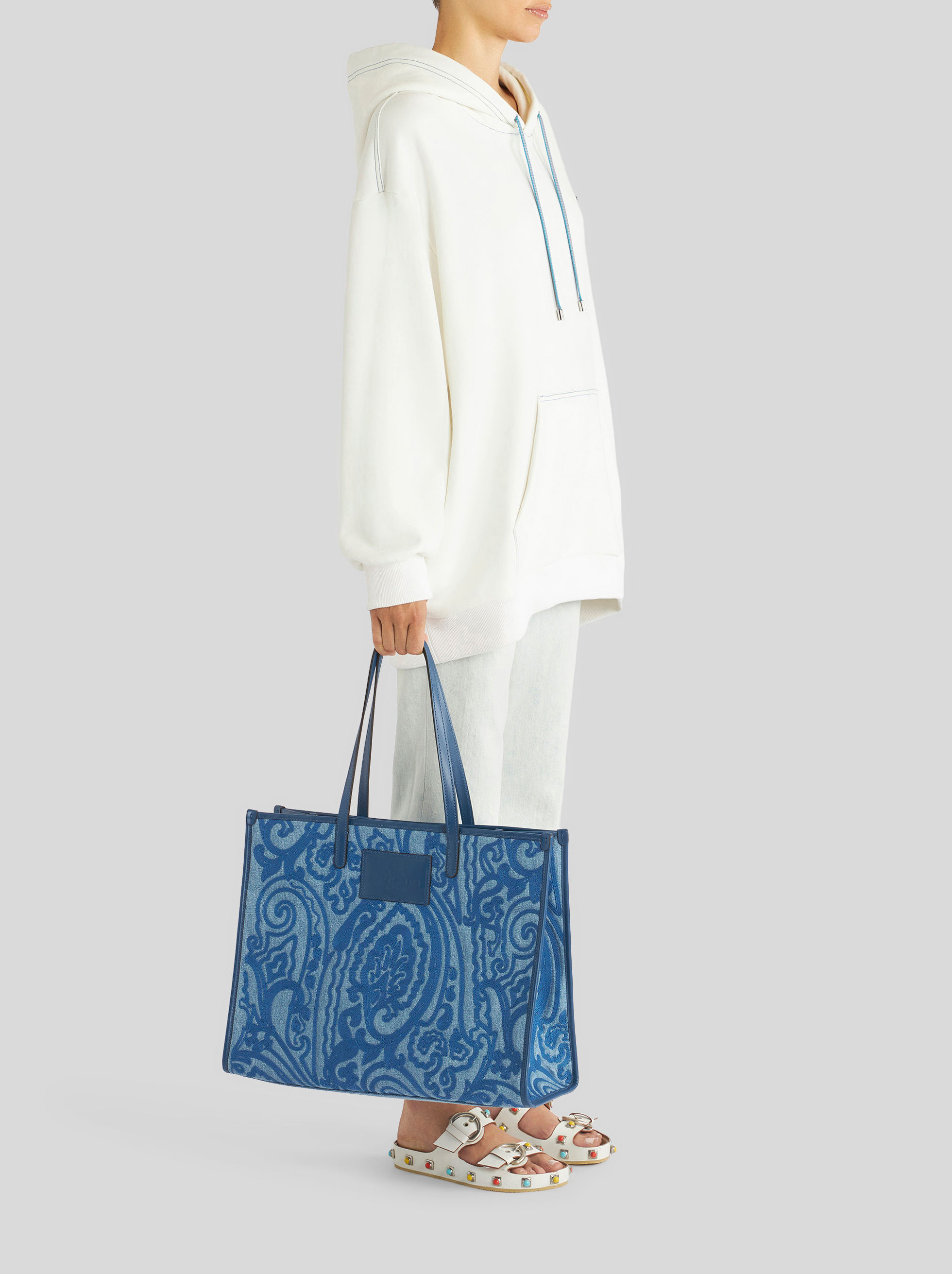 Etro Runway Jacquard Shopping Bag in Navy Blue Paisley